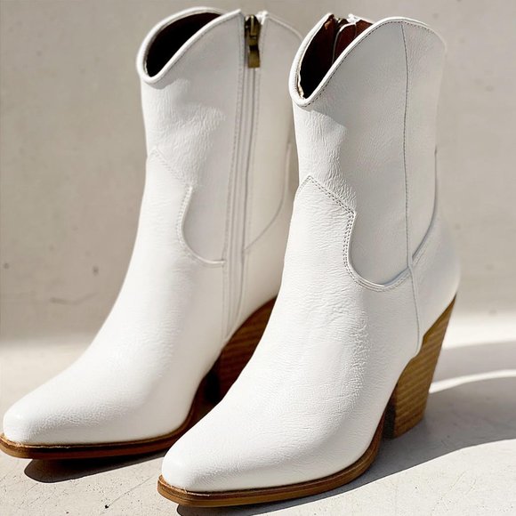 BEAST FASHION Shoes - NEW Pointy Toe Stack Block Heel Western Curved Mid Ankle Booties Boots Off White